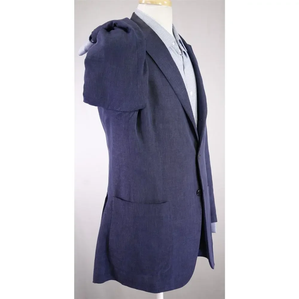 Trillon by Belvest Blue Wool Linen Silk Patch Pocket 3/2 Roll Blazer Jacket 44R
